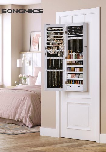 SONGMICS JJC99WT v�gh�ngt rammel�s smykkeskab, m. spejl, 6 LED'er, 2 skuffer - spejlglas og hvid MDF (108x36,7)