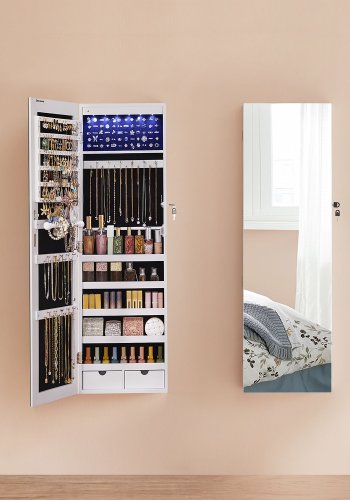 SONGMICS Rammel�st smykkeskap med speil, smykkeorganisator med 6 LED-lys, vegghengt eller d�rmontert, stor kapasitet med 2 skuffer, hvit JJC99WT