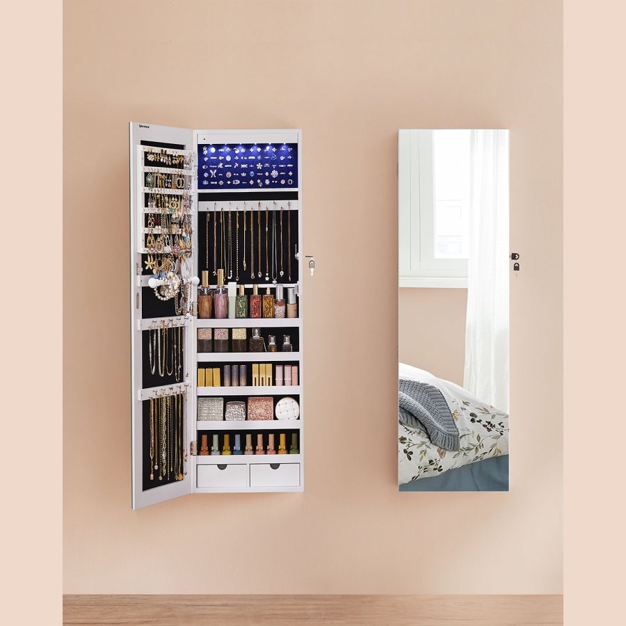 SONGMICS Rammel�st smykkeskap med speil, smykkeorganisator med 6 LED-lys, vegghengt eller d�rmontert, stor kapasitet med 2 skuffer, hvit JJC99WT