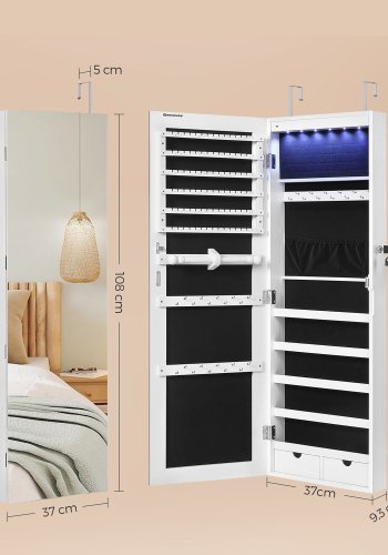 SONGMICS Rammel�st smykkeskap med speil, smykkeorganisator med 6 LED-lys, vegghengt eller d�rmontert, stor kapasitet med 2 skuffer, hvit JJC99WT