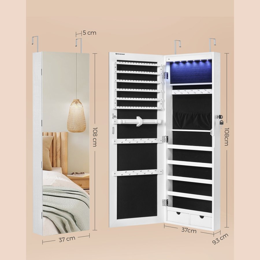 SONGMICS Rammel�st smykkeskap med speil, smykkeorganisator med 6 LED-lys, vegghengt eller d�rmontert, stor kapasitet med 2 skuffer, hvit JJC99WT