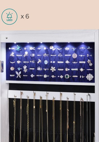 SONGMICS Rammel�st smykkeskap med speil, smykkeorganisator med 6 LED-lys, vegghengt eller d�rmontert, stor kapasitet med 2 skuffer, hvit JJC99WT