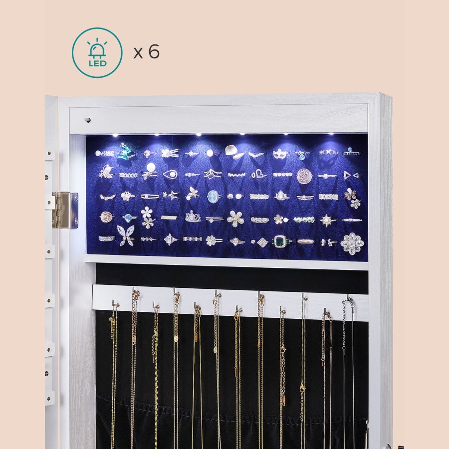 SONGMICS Rammel�st smykkeskap med speil, smykkeorganisator med 6 LED-lys, vegghengt eller d�rmontert, stor kapasitet med 2 skuffer, hvit JJC99WT