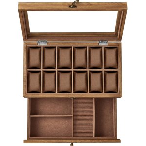 SONGMICS klokkeboks med 12 rom, 2-lags treurkasse med stort glasslokk, klokkeputer, fl�yelsf&ocirc;r, smykkeskrin, gave til dine kj�re, rustikk valn�tt JOW012K01