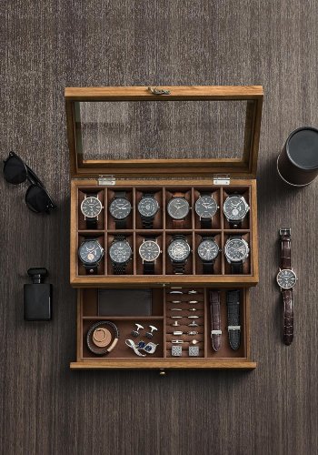 SONGMICS JOW012K01 urboks, m. 12 rum, 2 lag, glasl�g, urpuder, fl�jlsfor - rustik valn�d paulowniatr�
