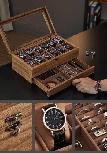 SONGMICS klokkeboks med 12 rom, 2-lags treurkasse med stort glasslokk, klokkeputer, fl�yelsf&ocirc;r, smykkeskrin, gave til dine kj�re, rustikk valn�tt JOW012K01