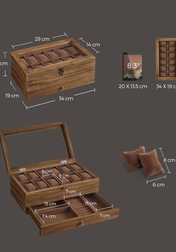 SONGMICS klokkeboks med 12 rom, 2-lags treurkasse med stort glasslokk, klokkeputer, fl�yelsf&ocirc;r, smykkeskrin, gave til dine kj�re, rustikk valn�tt JOW012K01