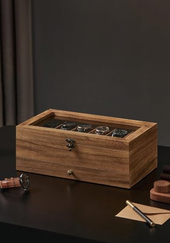 SONGMICS klokkeboks med 12 rom, 2-lags treurkasse med stort glasslokk, klokkeputer, fl�yelsf&ocirc;r, smykkeskrin, gave til dine kj�re, rustikk valn�tt JOW012K01