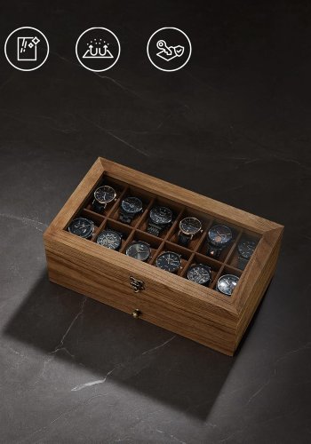 SONGMICS klokkeboks med 12 rom, 2-lags treurkasse med stort glasslokk, klokkeputer, fl�yelsf&ocirc;r, smykkeskrin, gave til dine kj�re, rustikk valn�tt JOW012K01