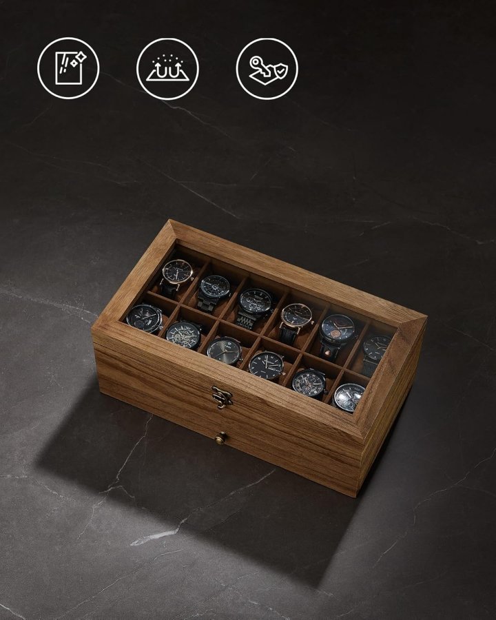 SONGMICS klokkeboks med 12 rom, 2-lags treurkasse med stort glasslokk, klokkeputer, fl�yelsf&ocirc;r, smykkeskrin, gave til dine kj�re, rustikk valn�tt JOW012K01