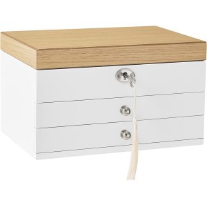 SONGMICS smykkeskrin, 3-lag, lsbar, m. stort spejl, 2 skuffer - fljl for og hvid/natur MDF