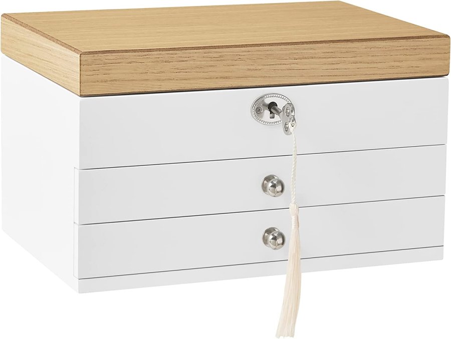 SONGMICS smykkeskrin, 3-lags, lsbar, med stort speil, 2 skuffer - flyelsfr og hvit/naturlig MDF