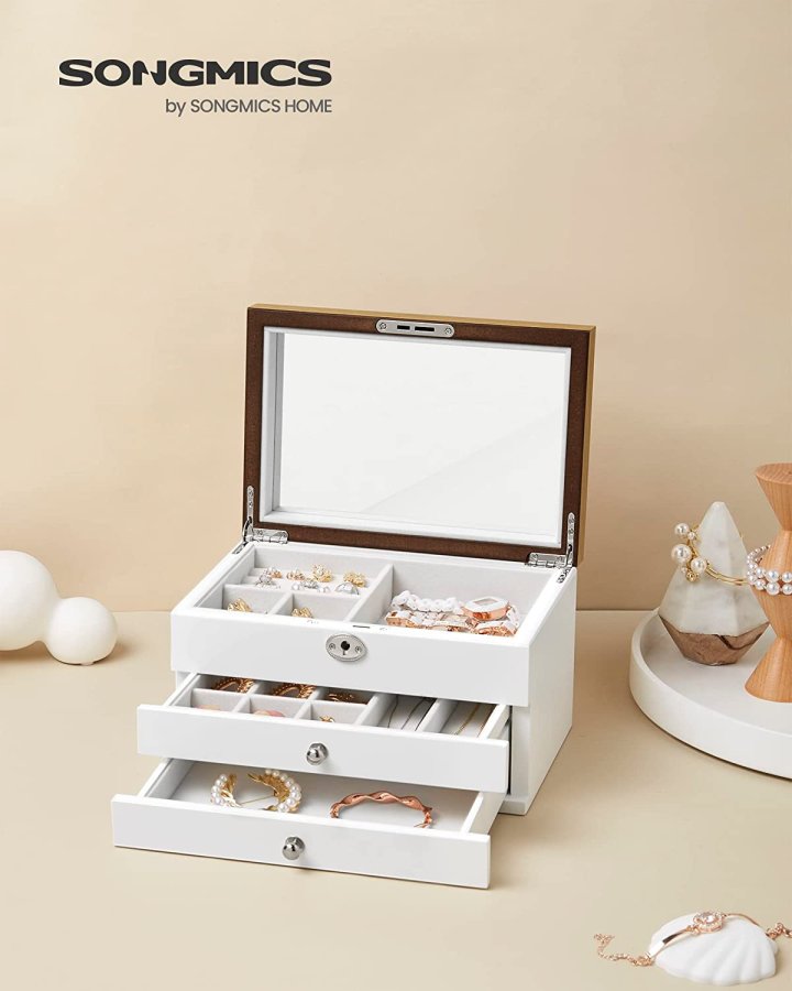 SONGMICS smykkeskrin, 3-lags, lsbar, med stort speil, 2 skuffer - flyelsfr og hvit/naturlig MDF
