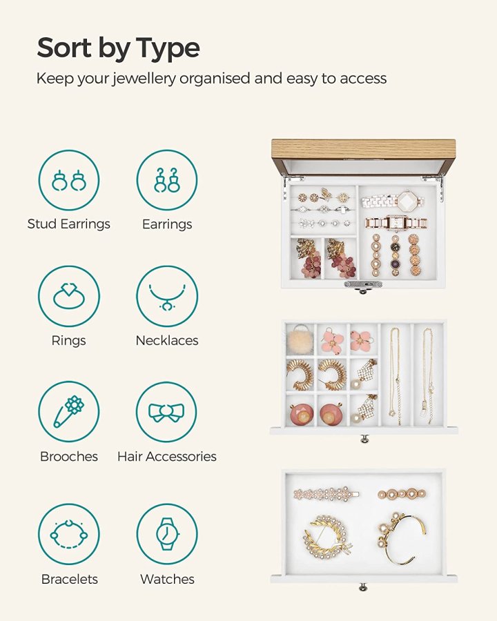 SONGMICS smykkeskrin, 3-lags, lsbar, med stort speil, 2 skuffer - flyelsfr og hvit/naturlig MDF