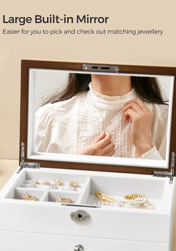 SONGMICS smykkeskrin, 3-lags, lsbar, med stort speil, 2 skuffer - flyelsfr og hvit/naturlig MDF