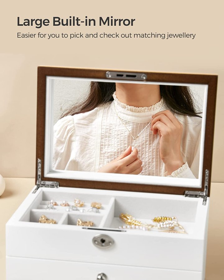 SONGMICS smykkeskrin, 3-lags, lsbar, med stort speil, 2 skuffer - flyelsfr og hvit/naturlig MDF