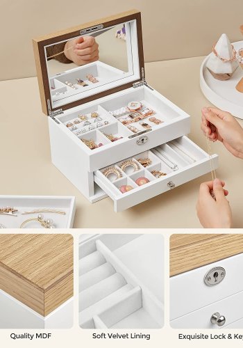 SONGMICS smykkeskrin, 3-lags, lsbar, med stort speil, 2 skuffer - flyelsfr og hvit/naturlig MDF
