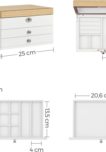 SONGMICS smykkeskrin, 3-lags, lsbar, med stort speil, 2 skuffer - flyelsfr og hvit/naturlig MDF