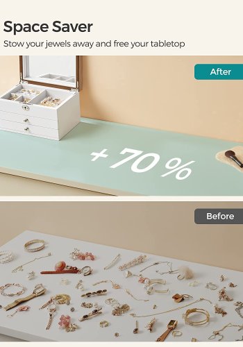 SONGMICS smykkeskrin, 3-lags, lsbar, med stort speil, 2 skuffer - flyelsfr og hvit/naturlig MDF