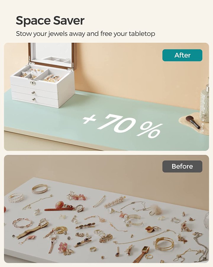 SONGMICS smykkeskrin, 3-lags, lsbar, med stort speil, 2 skuffer - flyelsfr og hvit/naturlig MDF