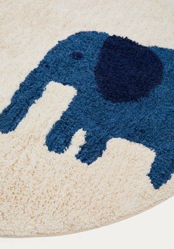 KAVE HOME Tandani gulvt�ppe til b�rn, rund - beige bomuld med bl� elefant (�100)