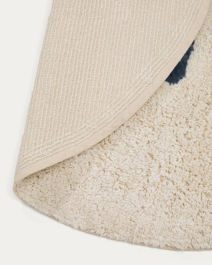 KAVE HOME Tandani gulvt�ppe til b�rn, rund - beige bomuld med bl� elefant (�100)
