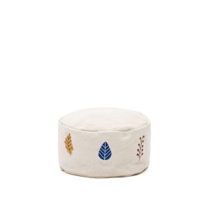 KAVE HOME Yanil-puff i 100 % vit bomull med flerf&auml;rgade bladbroderier, �: 40 cm