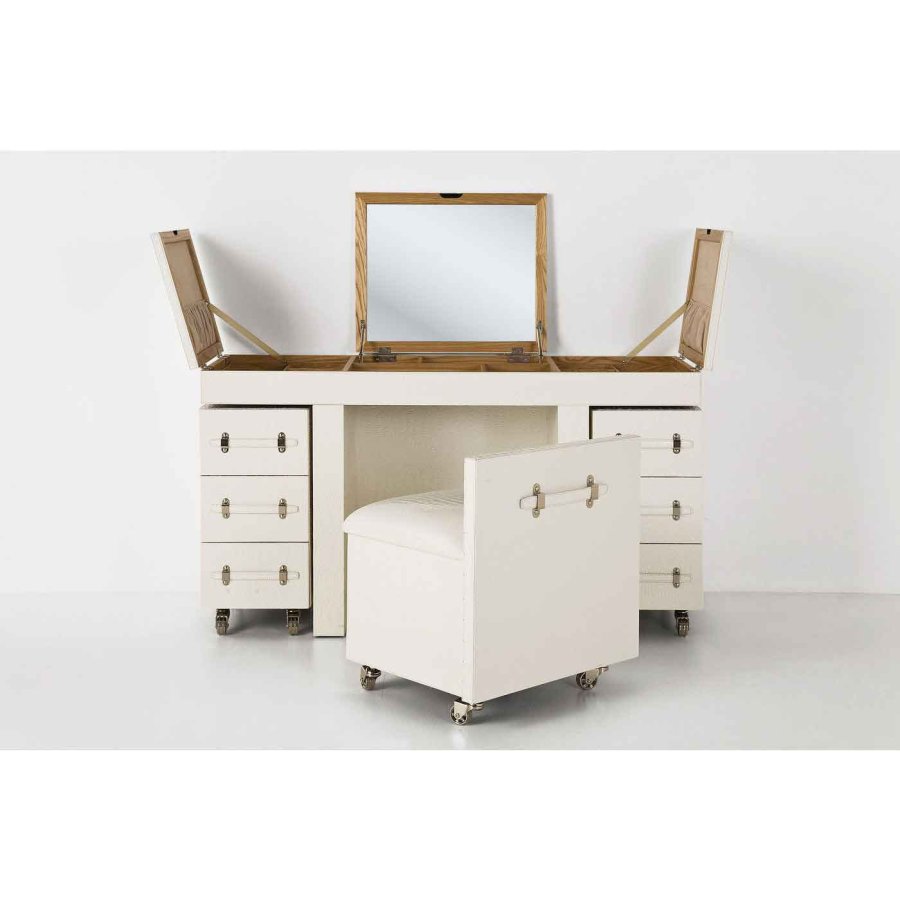 KARE DESIGN Diva Croco White Schminktisch - weiße Lederoptik, mit Stuhl, 6 Schubladen, Spiegel und +10 Fächern