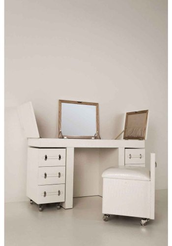 KARE DESIGN Diva Croco White Schminktisch - weiße Lederoptik, mit Stuhl, 6 Schubladen, Spiegel und +10 Fächern