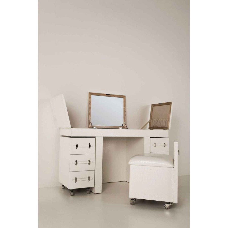 KARE DESIGN Diva Croco White Schminktisch - weiße Lederoptik, mit Stuhl, 6 Schubladen, Spiegel und +10 Fächern