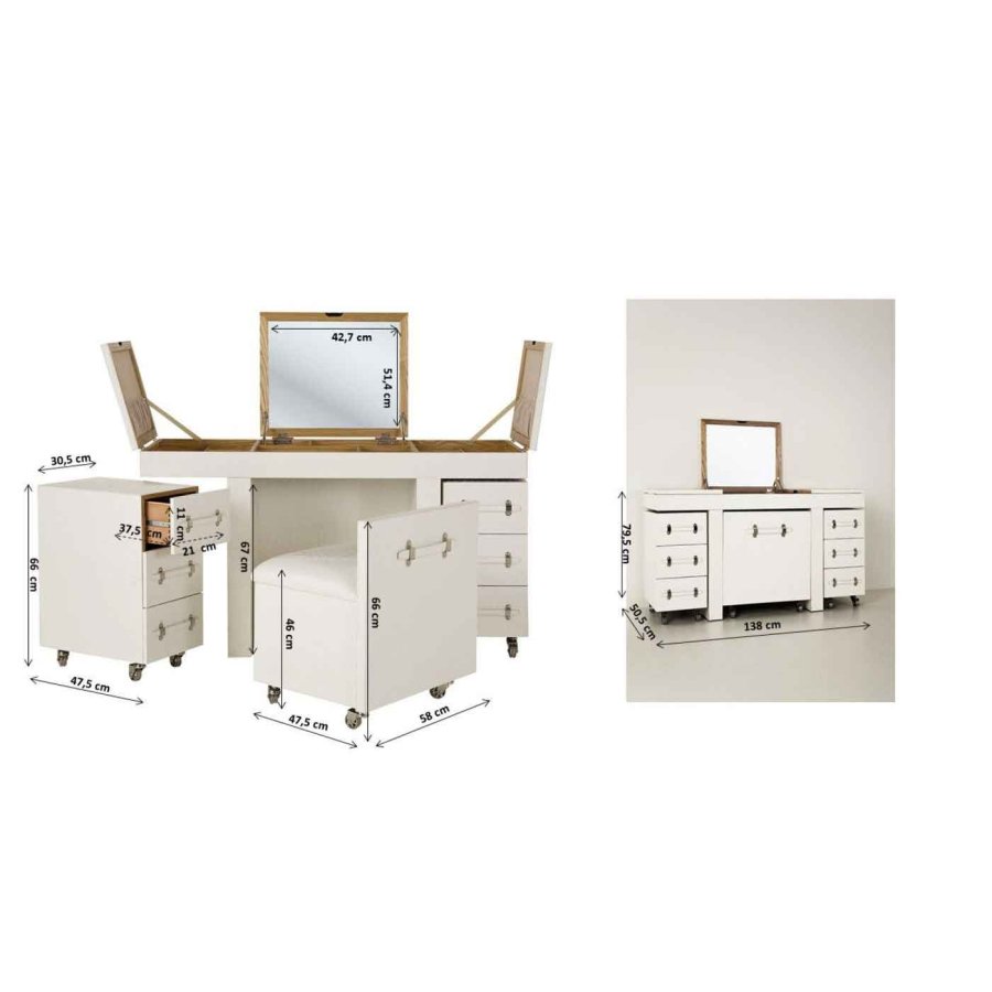 KARE DESIGN Diva Croco White Schminktisch - weiße Lederoptik, mit Stuhl, 6 Schubladen, Spiegel und +10 Fächern
