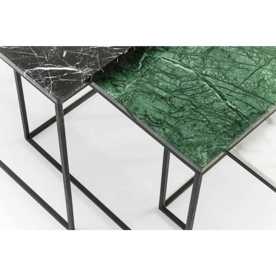KARE DESIGN Marble East Coast Satztische – Grün/Schwarz/Weiß-Marmor und Stahl (3/Set) (Eingestellt)