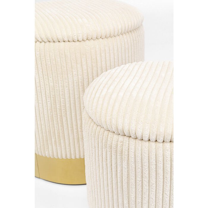 KARE DESIGN Plush skammel, m. opbevaringsplads, rund - creme fljl og guld stl (st af 2)