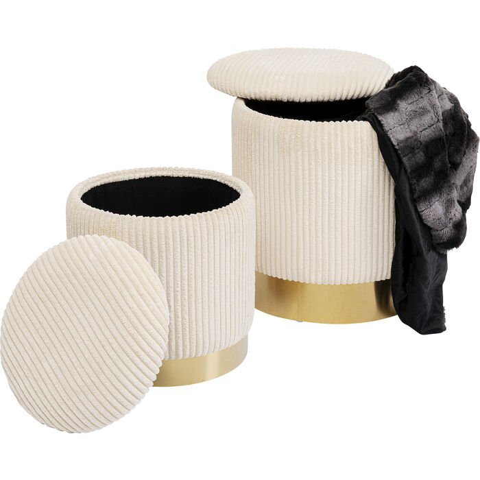 KARE DESIGN Plush skammel, m. opbevaringsplads, rund - creme fljl og guld stl (st af 2)