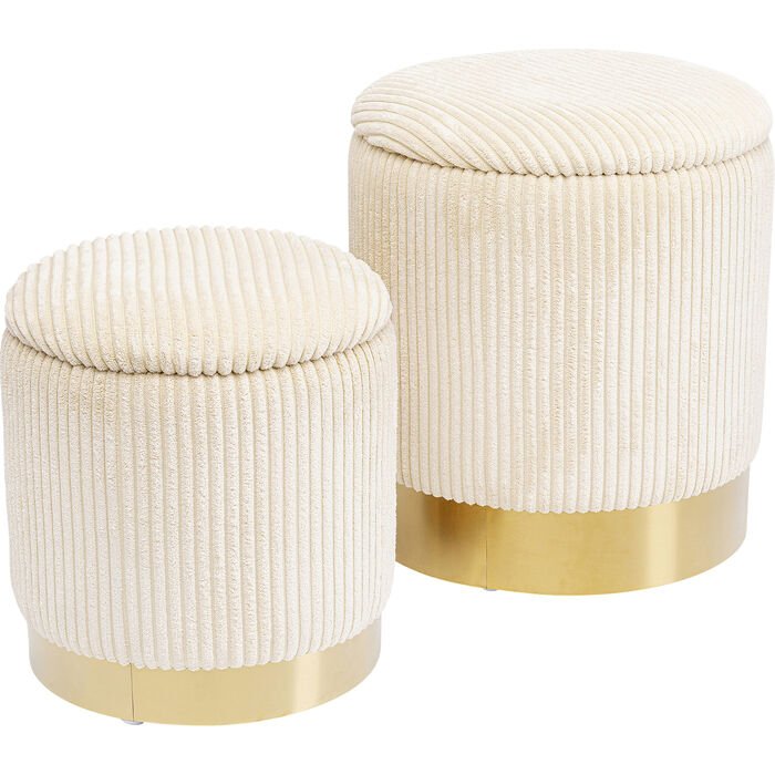 KARE DESIGN Plush skammel, m. opbevaringsplads, rund - creme fljl og guld stl (st af 2)
