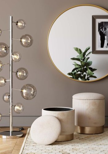 KARE DESIGN Plush skammel, m. opbevaringsplads, rund - creme fljl og guld stl (st af 2)