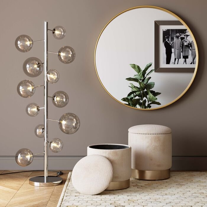 KARE DESIGN Plush skammel, m. opbevaringsplads, rund - creme fljl og guld stl (st af 2)