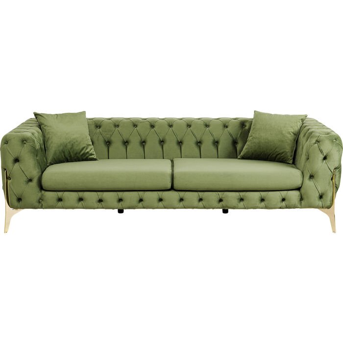 KARE DESIGN Bellissima 3 pers. sofa, Chesterfield, m. 2 puder - grn fljl og messing stl