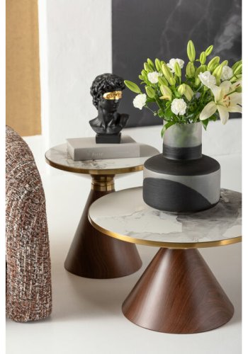 KARE DESIGN Cono sofabord, rund - hvid/gr stentj, brun repapir og guld stl (70)