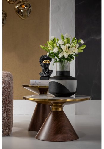 KARE DESIGN Cono sofabord, rund - hvid/gr stentj, brun repapir og guld stl (70)