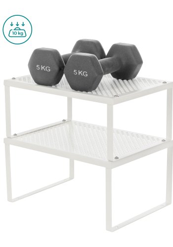 SONGMICS Skabshyldeorganisator og K�kkenhyldepakke, 4 stabelbare k�kkenskabshylder, udvidelige, hvid og s�lv UKCS01WT
