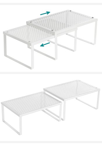 SONGMICS Skabshyldeorganisator og K�kkenhyldepakke, 4 stabelbare k�kkenskabshylder, udvidelige, hvid og s�lv UKCS01WT