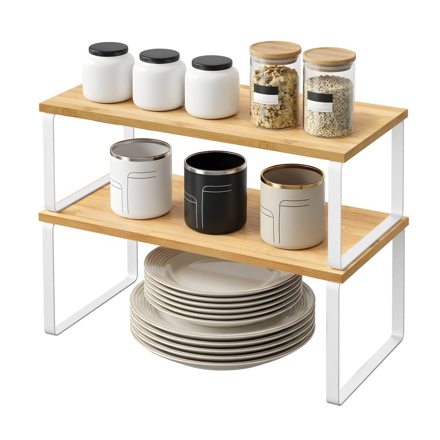 SONGMICS krydderirol, s�t med 2 skabshylder, udvidelig k�kkenhylde, stabelbar krydderiholder, metal og konstrueret tr�, Cloud White og naturbeige KCS200W01