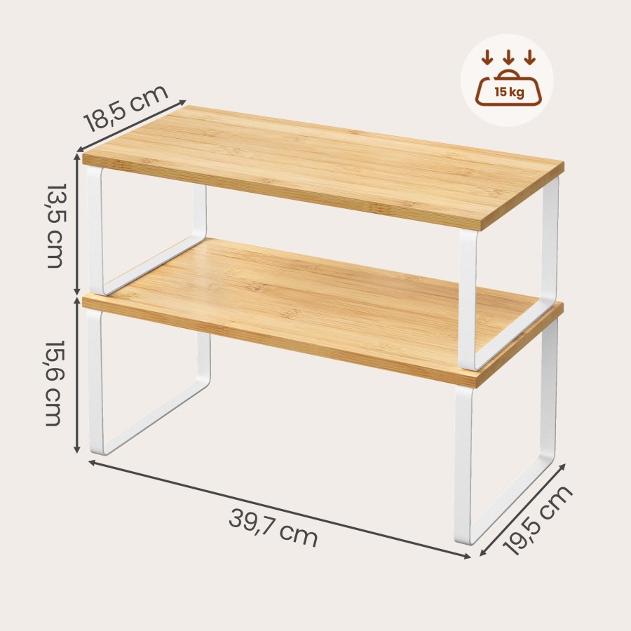 SONGMICS krydderirol, s�t med 2 skabshylder, udvidelig k�kkenhylde, stabelbar krydderiholder, metal og konstrueret tr�, Cloud White og naturbeige KCS200W01