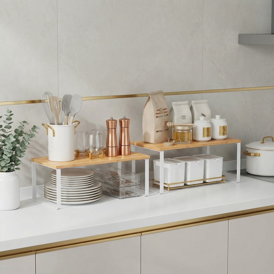 SONGMICS krydderirol, s�t med 2 skabshylder, udvidelig k�kkenhylde, stabelbar krydderiholder, metal og konstrueret tr�, Cloud White og naturbeige KCS200W01