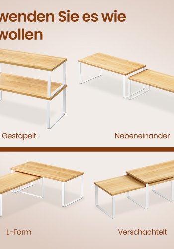 SONGMICS krydderirol, s�t med 2 skabshylder, udvidelig k�kkenhylde, stabelbar krydderiholder, metal og konstrueret tr�, Cloud White og naturbeige KCS200W01
