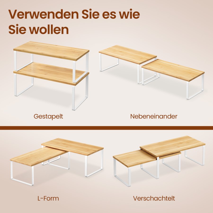 SONGMICS krydderirol, s�t med 2 skabshylder, udvidelig k�kkenhylde, stabelbar krydderiholder, metal og konstrueret tr�, Cloud White og naturbeige KCS200W01