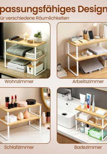 SONGMICS krydderirol, s�t med 2 skabshylder, udvidelig k�kkenhylde, stabelbar krydderiholder, metal og konstrueret tr�, Cloud White og naturbeige KCS200W01