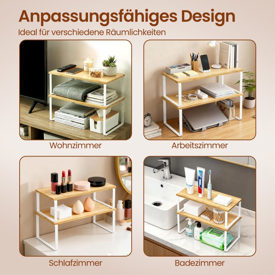 SONGMICS krydderirol, s�t med 2 skabshylder, udvidelig k�kkenhylde, stabelbar krydderiholder, metal og konstrueret tr�, Cloud White og naturbeige KCS200W01