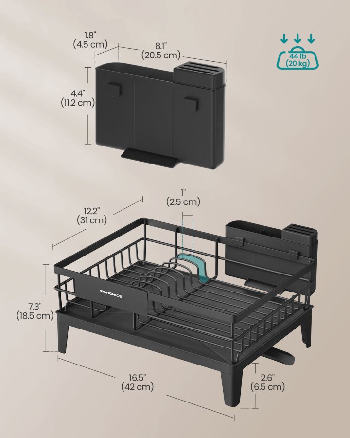 SONGMICS diskst&auml;ll, k&ouml;ksdiskst&auml;ll, med avrinningsbricka, 360&deg; roterbar och utdragbar pip, med bestickh�llare, 31 x 42 x 18,5 cm, bl&auml;cksvart UKCS550B01